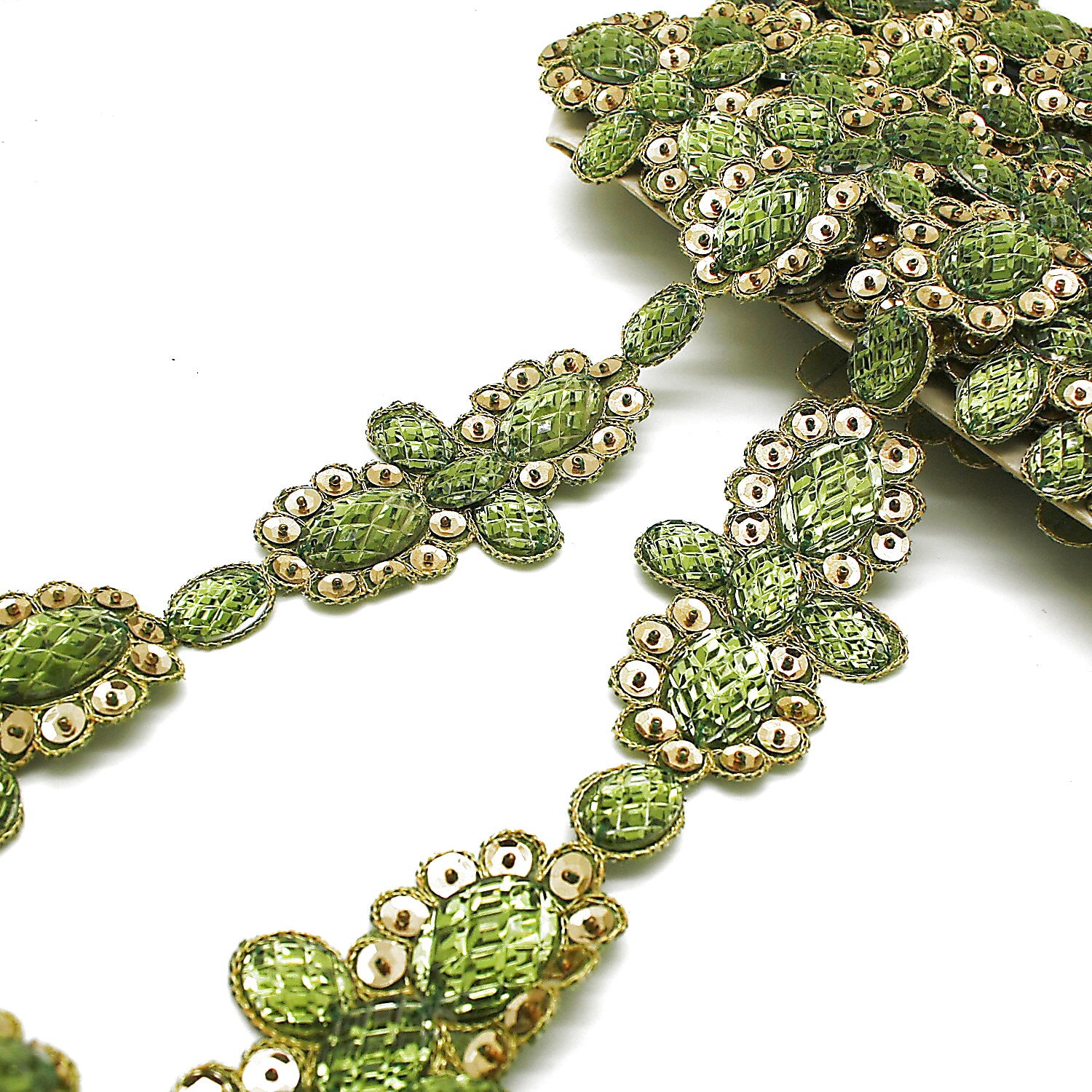 OLIVE GREEN FLORAL RHINESTONE TRIM - sarahi.NYC