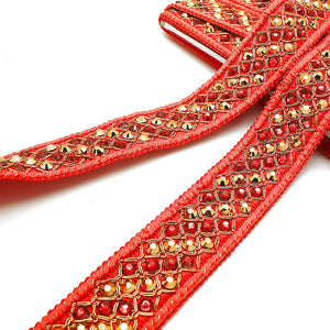 RED GOLD WOVEN RHINESTONE TRIM - sarahi.NYC