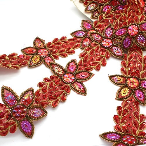 RED FLOWER beaded trim