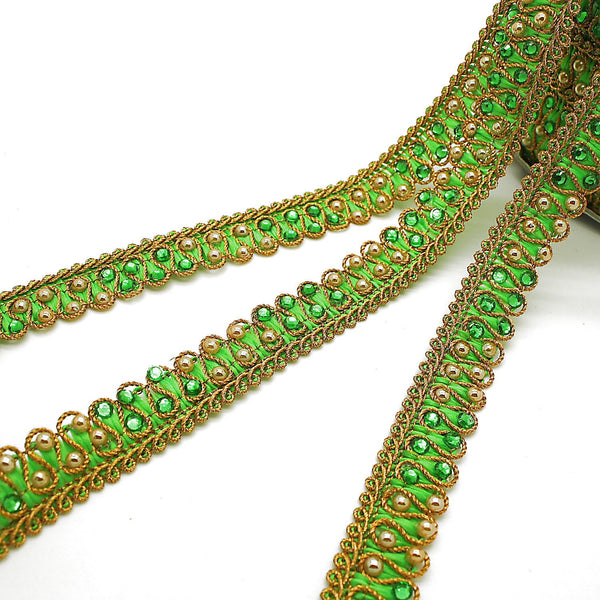 LIME GREEN gold crystal TRIM, 1 yard