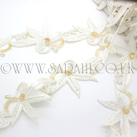WHITE SEQUIN  FLORAL EMBROIDERY TRIM - sarahi.NYC - Sarahi.NYC